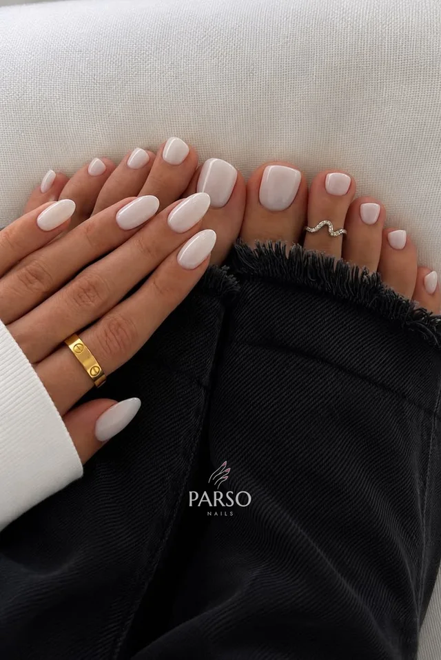 Milky nails on hands and feet