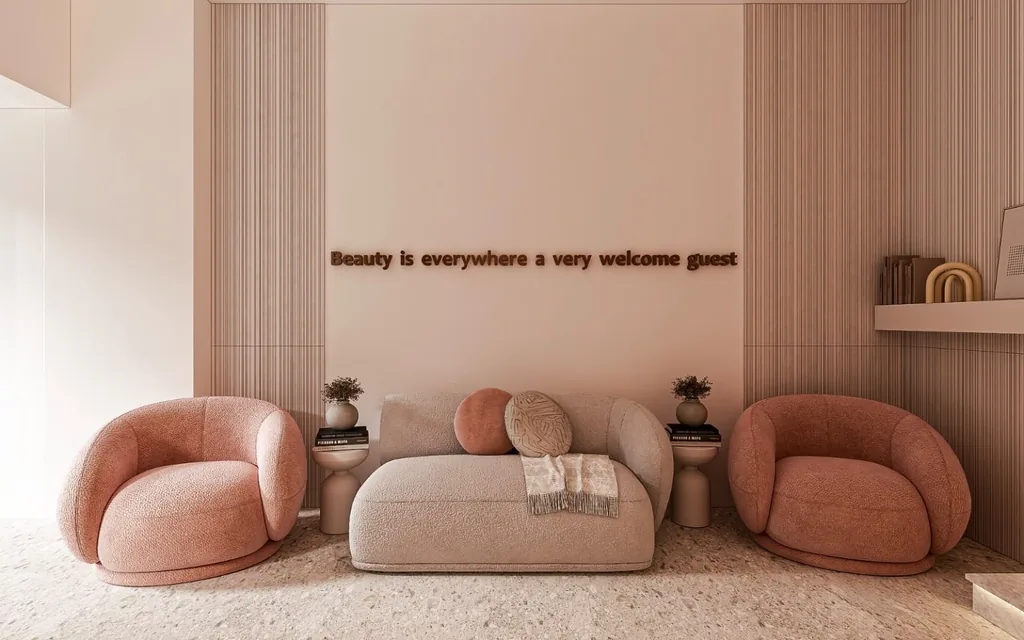 Velvet rose lounge chairs and a cream sofa in the PARSO studio