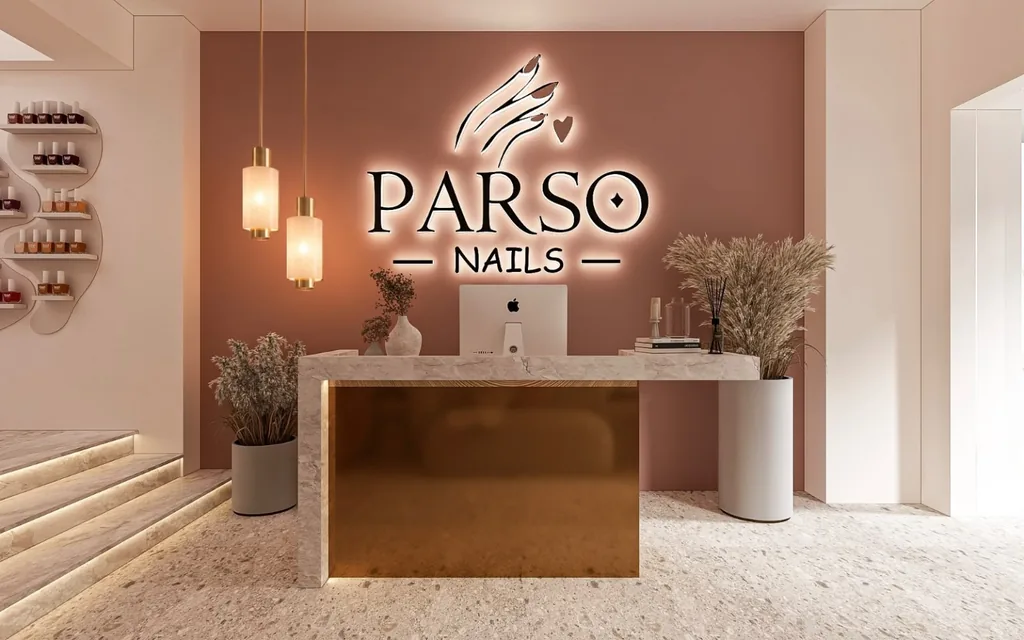 The PARSO reception: a terracotta wall, the lit sign and a brass counter